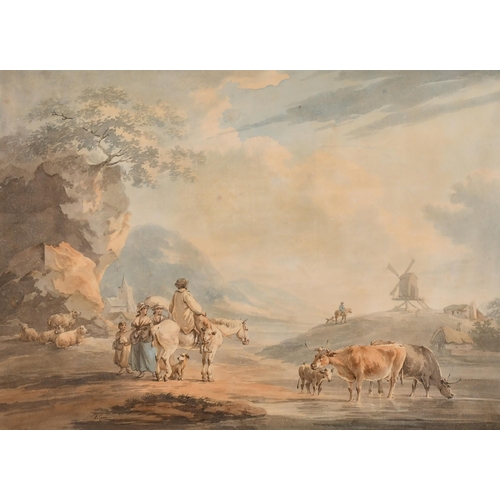 11 - Peter La Cave (1769-1811) British. Travellers by the water's edge, Watercolour, Signed, and inscribe... 