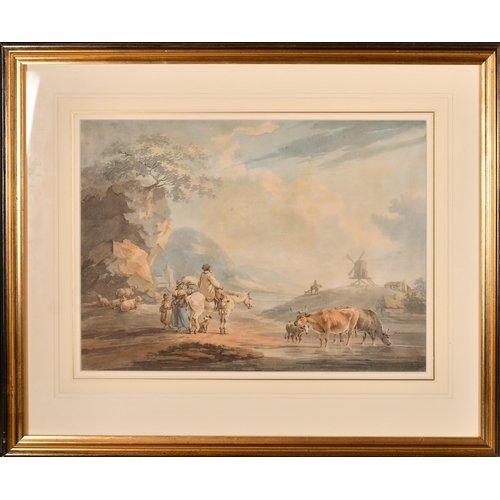 11 - Peter La Cave (1769-1811) British. Travellers by the water's edge, Watercolour, Signed, and inscribe... 