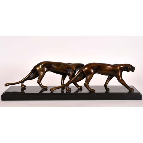 152 - After Max Le Verrier (1891-1973) French. Panthers, Bronze on a black marble base, overall 8.25