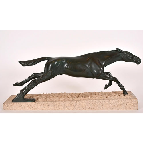 153 - After Max Le Verrier (1891-1973) French. Galloping Horse, Bronze on stone composite base, with incis... 