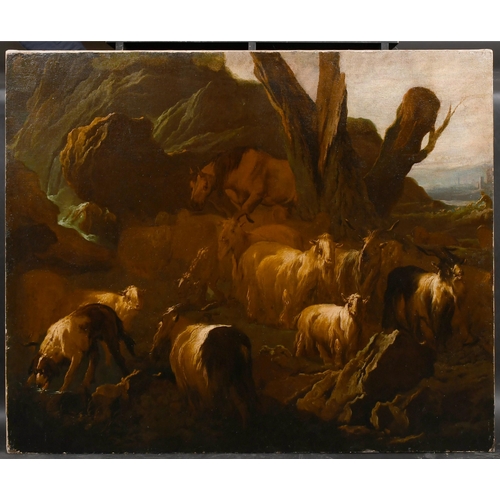 17 - Philipp Peter Roos 'Rosa di Tivoli' (1657-1706) German. A Horse and Goats in a Mountain Ravine, Oil ... 