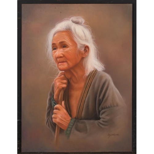 199 - Nguna (20th-21st Century) Malaysian. Study of a Lady leaning on a stick, Pastel, Signed and dated '0... 