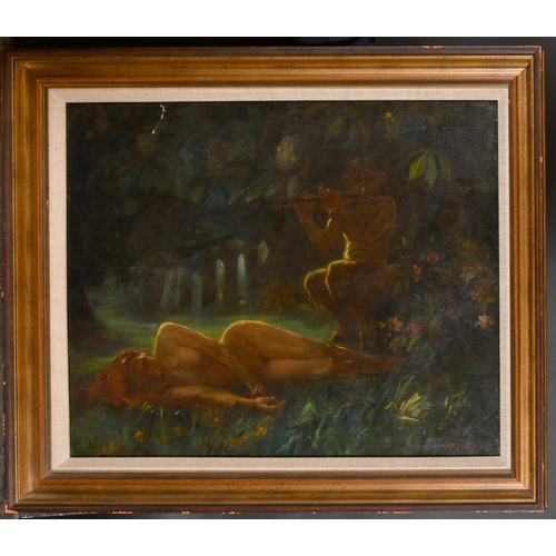 208 - 19th-20th Century European School. Pan with a Sleeping Nude, Oil on canvas, Indistinctly signed, 20.... 