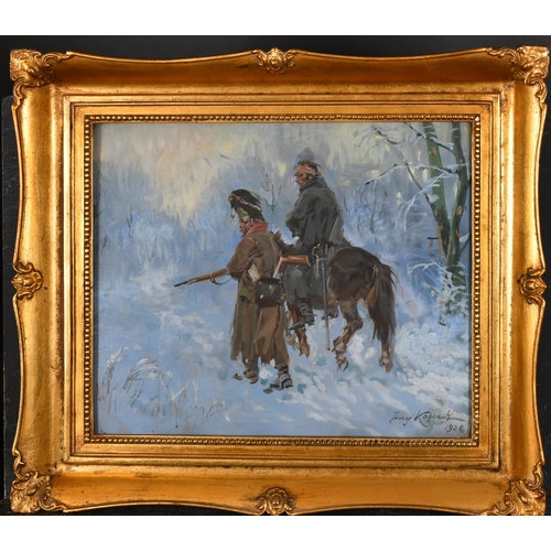 217 - Jerzy Kossak (1886-1955) Polish. Soldiers in the Snow, Oil on board, Signed and dated 1924, 15