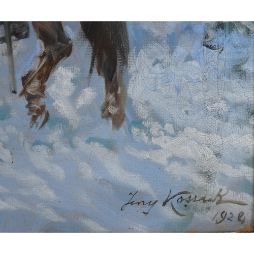 217 - Jerzy Kossak (1886-1955) Polish. Soldiers in the Snow, Oil on board, Signed and dated 1924, 15