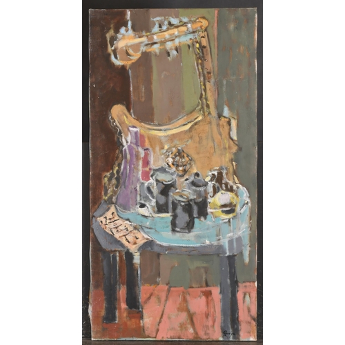 228 - Dick Romyn (1915-2007) British. Still Life with Jars, Oil on canvas, Signed, unframed 31.25