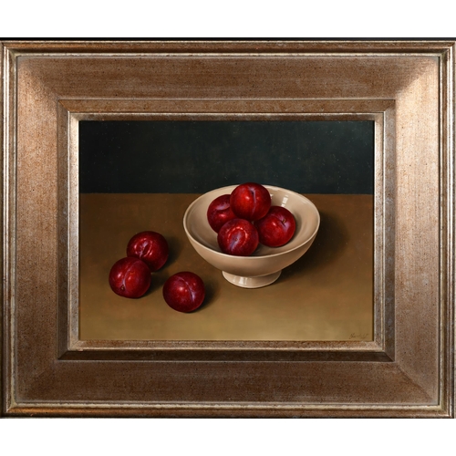 312 - Nadine Lundahl (1958-    ) Belgian. 'Plums and White Bowl', Oil on panel, Signed, and inscribed on l... 