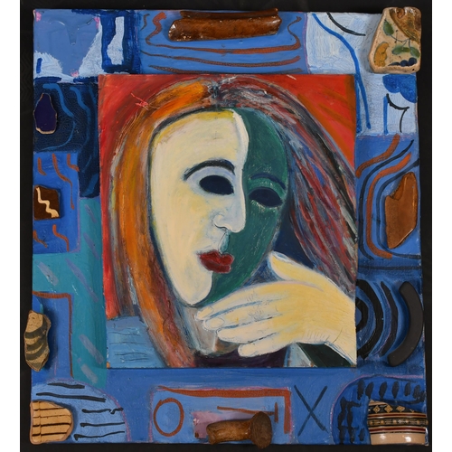 317A - Vicky Hawkins (1948-    ) British.  'Tilting The Mask', Acrylic with ceramic objects, Signed, inscri... 