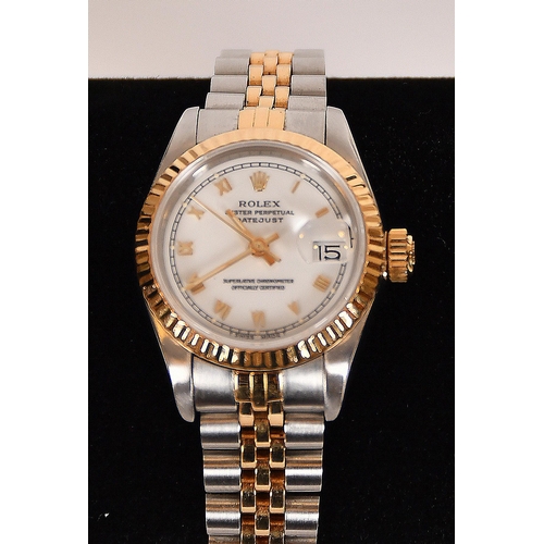 331 - Rolex, a Ladies Perpetual Datejust watch reference 69173, bi colour metal, white signed dial with go... 