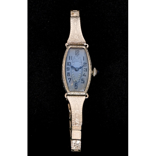 334 - Bulova cocktail watch, the oval dial with blue glass, unmarked plated white metal, c.1930, cased