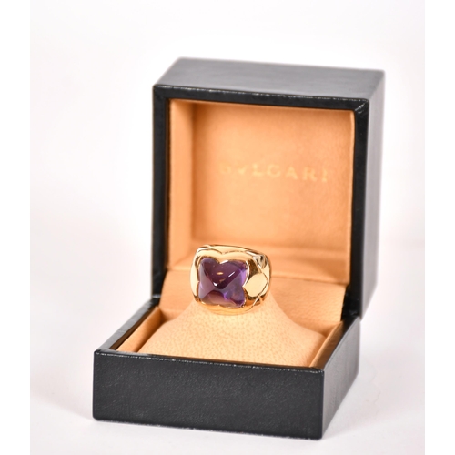 335 - Bulgari pyramid ring set with amethyst in 18ct gold, gross weight 15 grams, ring Size J