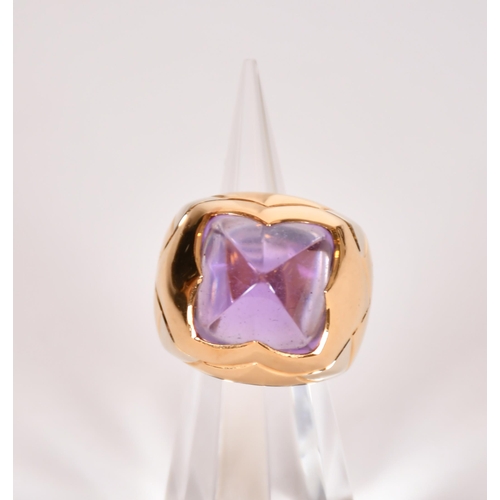 335 - Bulgari pyramid ring set with amethyst in 18ct gold, gross weight 15 grams, ring Size J