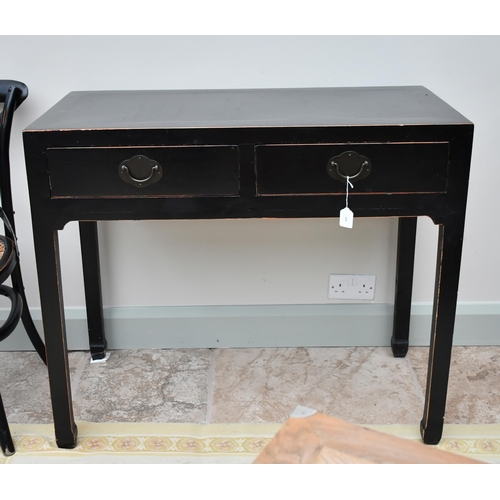 369 - A black finish side table with two drawers 85 x 100 x 50cm