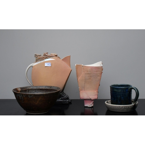 371 - A group of Studio Pottery, Roger Honey slab-built vessel, 31cm, and vase, a glazed bowl and cup with... 