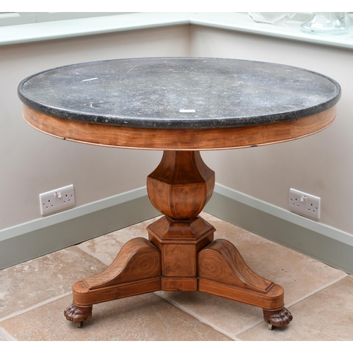 376 - 19th Century French circular wine table with black marble top, the canted baluster column inlaid wit... 