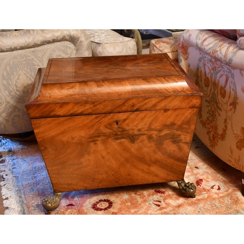 399 - Regency sarcophagus form flame mahogany wine cellar, fitted with six compartments 53 x 63 x 47cm. Pr... 