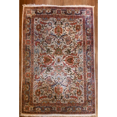 402 - Fine Persian silk carpet with formal design of flowers and palmettes, 212 x 151cm