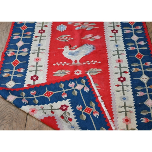 403 - Kilim rug with central scarlet field and chicken motif, 180 x 91cm