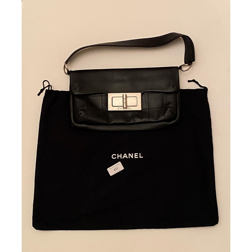 433 - Chanel vintage  black leather handbag  with horizontal stitching and ’Ruthenium’  Mademoiselle  fast... 