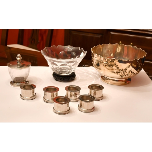 445 - A silver plate bowl with prunus decoration and a quantity of decorative objects