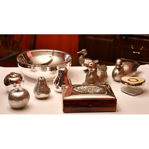 445 - A silver plate bowl with prunus decoration and a quantity of decorative objects