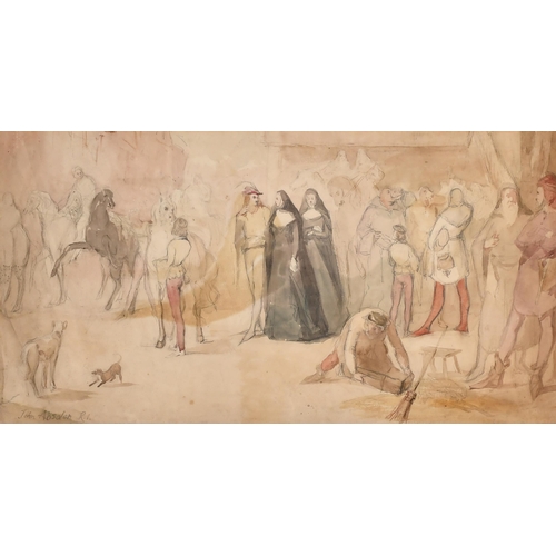 45 - John Absolon (1815-1895) British. 'Canterbury Pilgrims Setting Out', Watercolour and pencil, Signed ... 