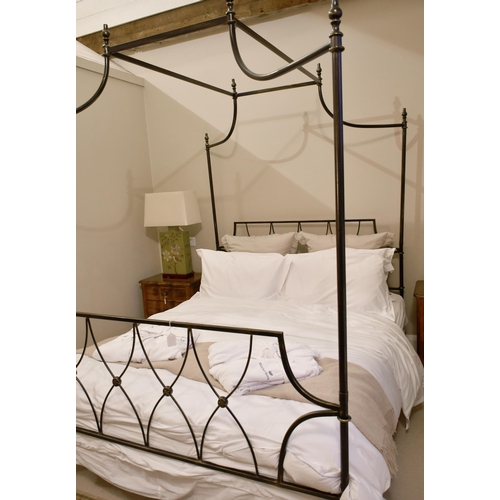 484 - Contemporary four poster metal canopy bed with Vispring mattress, 157 x 204cm maximum height 210cm