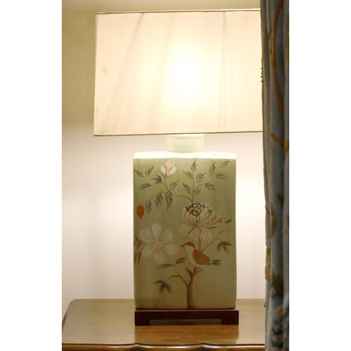 486 - A pair of large ceramic table lamps with painted decoration of birds on branches, 73cm including sha... 