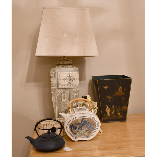 518 - A table lamp and a group of Japanese themed decorative items including cast metal and ceramic teapot... 