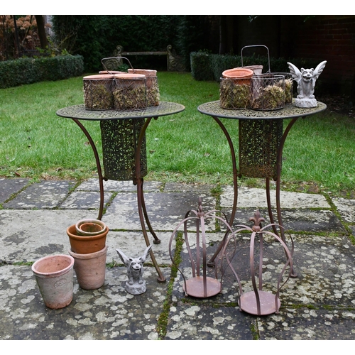 533 - Two pierced metal tables, metal pot holders and small terracotta pots