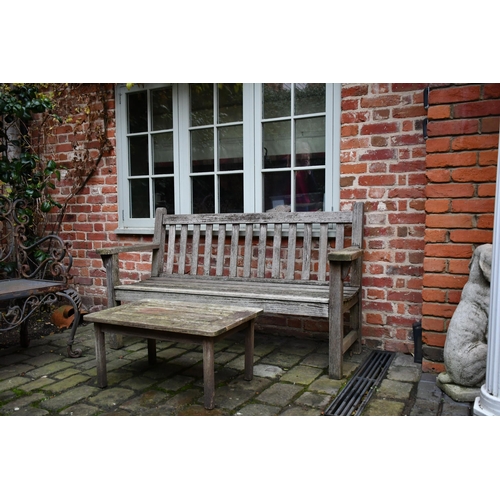 534 - Teak garden bench, 161cm wide and low table 36 x 75 x 49cm