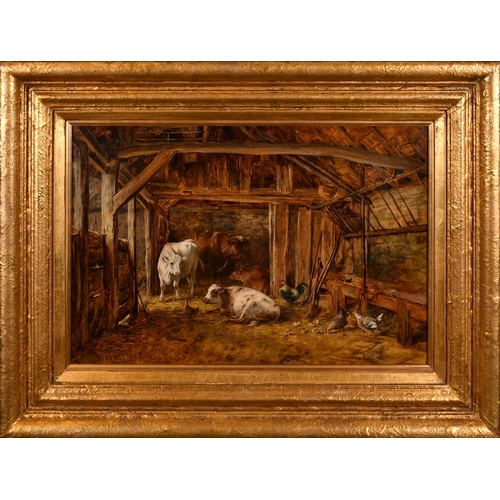 65 - William Luker (1828-1905) British. Cattle and Chickens in a Barn, Oil on board, Signed, inscribed 'F... 