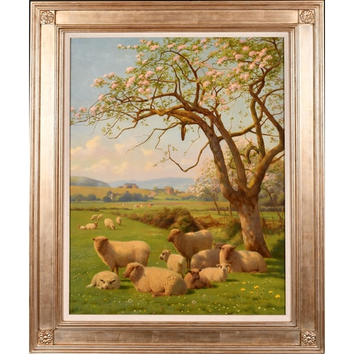 72 - William Sidney Cooper (1854-1927) British. 'Spring Lambs under a Blossom Tree', Oil on canvas, Signe... 