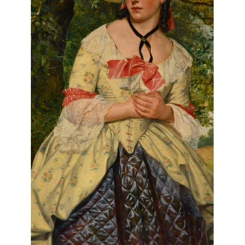 73 - Circle of John Everett Millais (1829-1896) British. A Study of an Elegant Lady standing by hedge of ... 