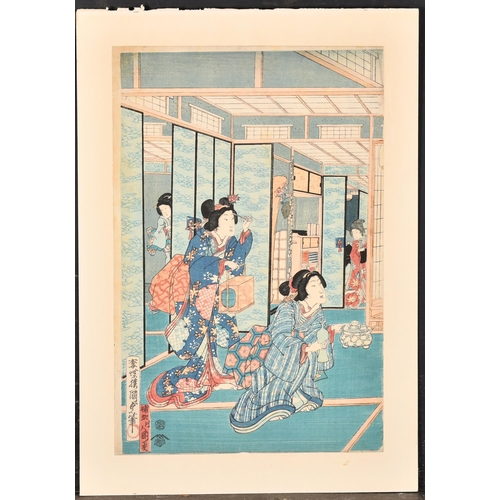 109 - Early 20th Century Japanese School, Figures in an Interior, Print, unframed, 14.5