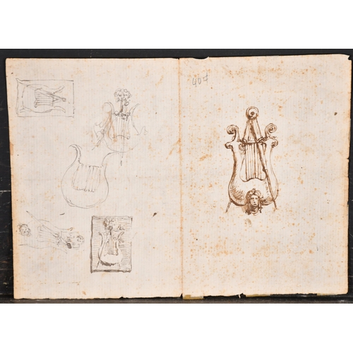 12 - Early 19th Century European. Studies of a Harp, Ink, unframed, overall 7