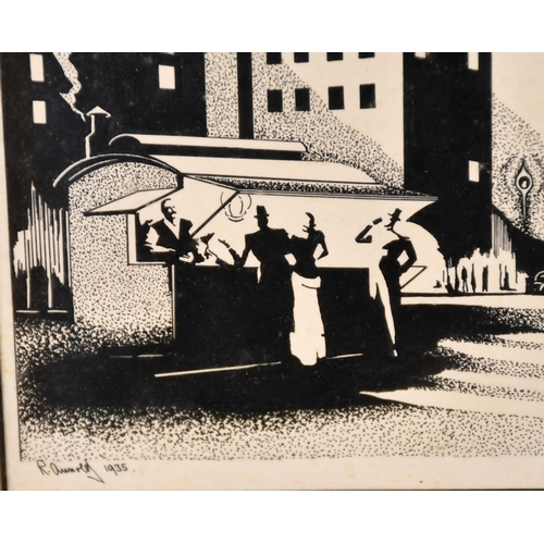 123 - R Arnold (20th Century) European. Figures at a Street Bar in an Art Deco Style, Linocut, Signed and ... 