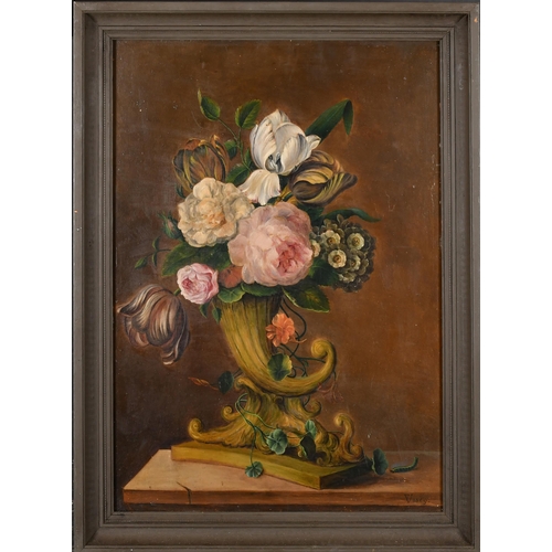 18 - E V (19th Century) European. Still Life of Flowers in an Urn, Oil on panel, Signed with initials and... 