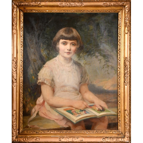 201 - John William Schofield (1865-1944) British. A Young Girl Reading, Oil on canvas, Signed, 30