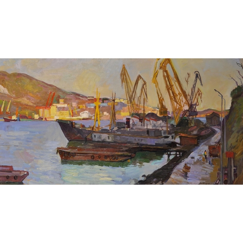 230 - Vitali Timofeevich Davidov (1923-2007) Russian. “Ships in Port”, Oil on canvas, Signed and dated 197... 