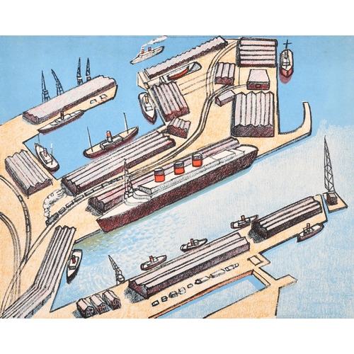 231 - Brynhild Parker (1907-1987) French. Arial View of a Working Harbour, Lithograph in colours, 8