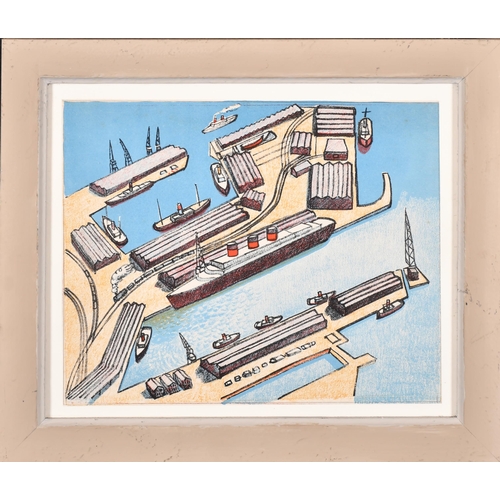 231 - Brynhild Parker (1907-1987) French. Arial View of a Working Harbour, Lithograph in colours, 8