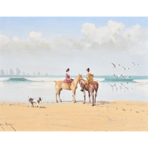 247 - Rod Pearce (1942-) British. Ladies on Horseback on a Beach, Oil on artist's board, Signed, 8