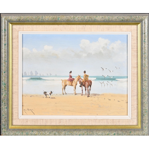 247 - Rod Pearce (1942-) British. Ladies on Horseback on a Beach, Oil on artist's board, Signed, 8