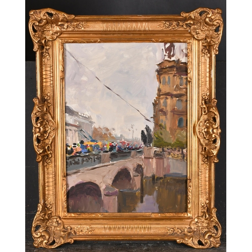 267 - M Kazehko (20th Century) Russian. A Town River Scene, Oil on board, Signed verso, 18