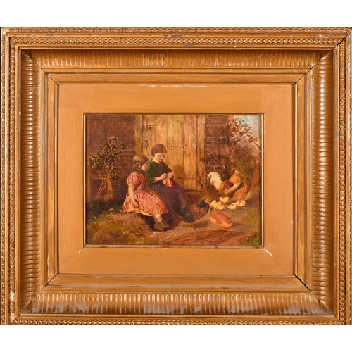 51 - 19th Century English School. Young Children with Chickens, Oil on panel, 7.75