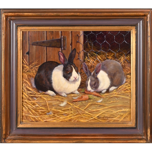 95 - Donna Crawshaw (1960-) British. Rabbits in a Hutch, Oil on panel, Signed, 10.25