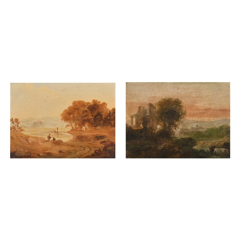 45 - 19th Century English School. Figures in a River Landscape, Oil on panel, 6