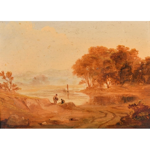 45 - 19th Century English School. Figures in a River Landscape, Oil on panel, 6