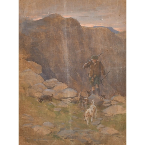 126 - George Denholm Armour (1864-1949) British. Scottish Hunstman and Hounds, Mixed media on canvas, Sign... 